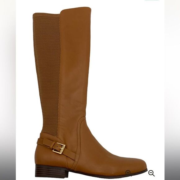 NWB Isaac Mizrahi Live! Medium Calf Leather and Stretch Riding Boot Cognac sz 8 - Picture 1 of 6